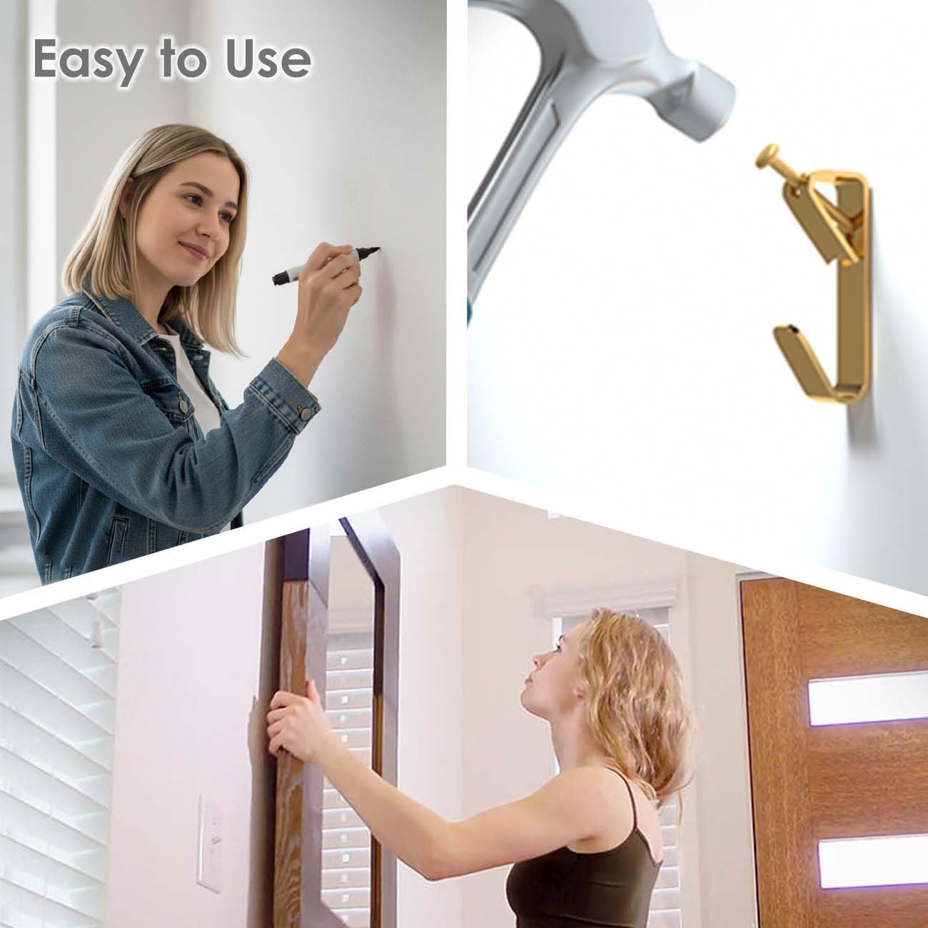 Picture Hangers, Extra Thick, 20 lb, for Decorative Drywall & Plaster Walls - Small Nails for Painting, Frame Hooks to Hang for Hanging, 60 pcs, Gold