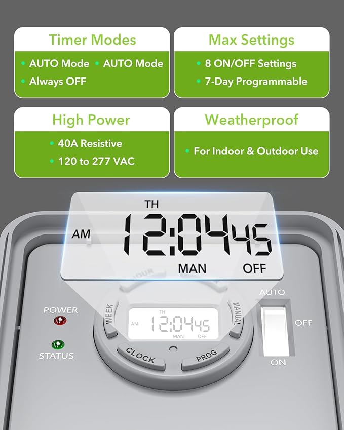 BN-LINK Pool Pump Timer, Outdoor Timer Box, Heavy Duty, 2HP 40A Max, 277 VAC - Image 2