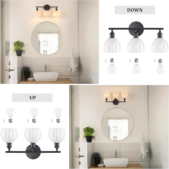 Shenmoyl Bathroom Light Fixtures, 3-Light Black Vanity Wall Light Over Mirror - Image 6
