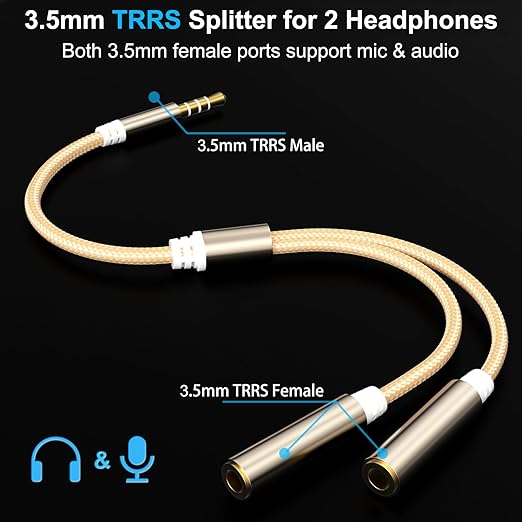 3.5mm TRRS Splitter for 2 Headphones 1FT 2-Pack, Audio & Mic, 3.5 mm Aux Jack - Image 2