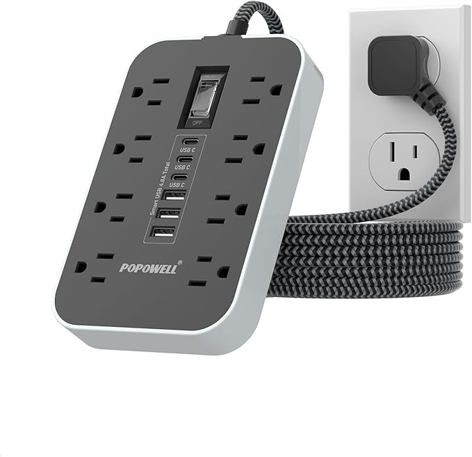 Power Strip Surge Protector- 5FT Flat Plug Extension Cord, 8 AC Outlet& 6 USB by POPOWELL
