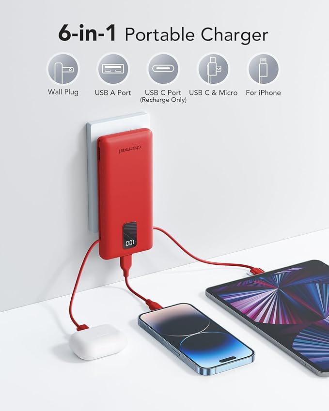 charmast Portable Charger with Built-in Cables and Plug, 10000mAh USB C Power - Image 2