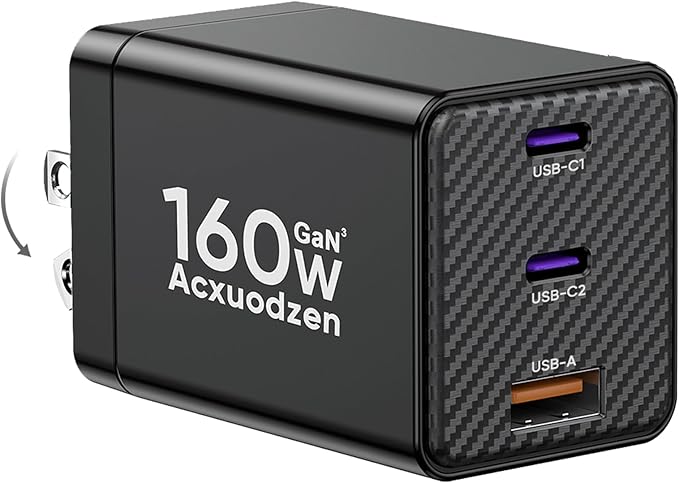 USB C Charger Block 160W, 3-Port GaN Super Fast Charger, Dual 65W Type C by Acxuodzen