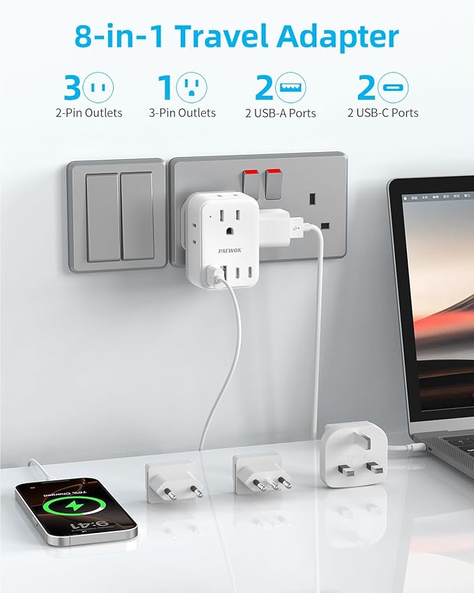 European Travel Plug Adapter USB C, US to EU/UK Plug Adapter- 4AC Outlets 4 USB - Image 3