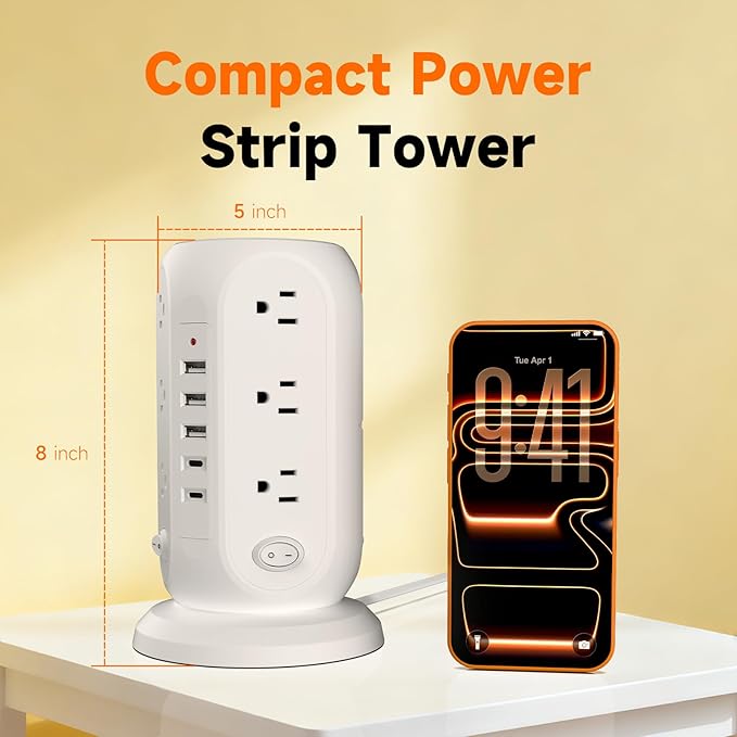 Tower Power Strip with 12 Outlets and 5 USB Ports, Flat Extension Cord 10 Ft - Image 4
