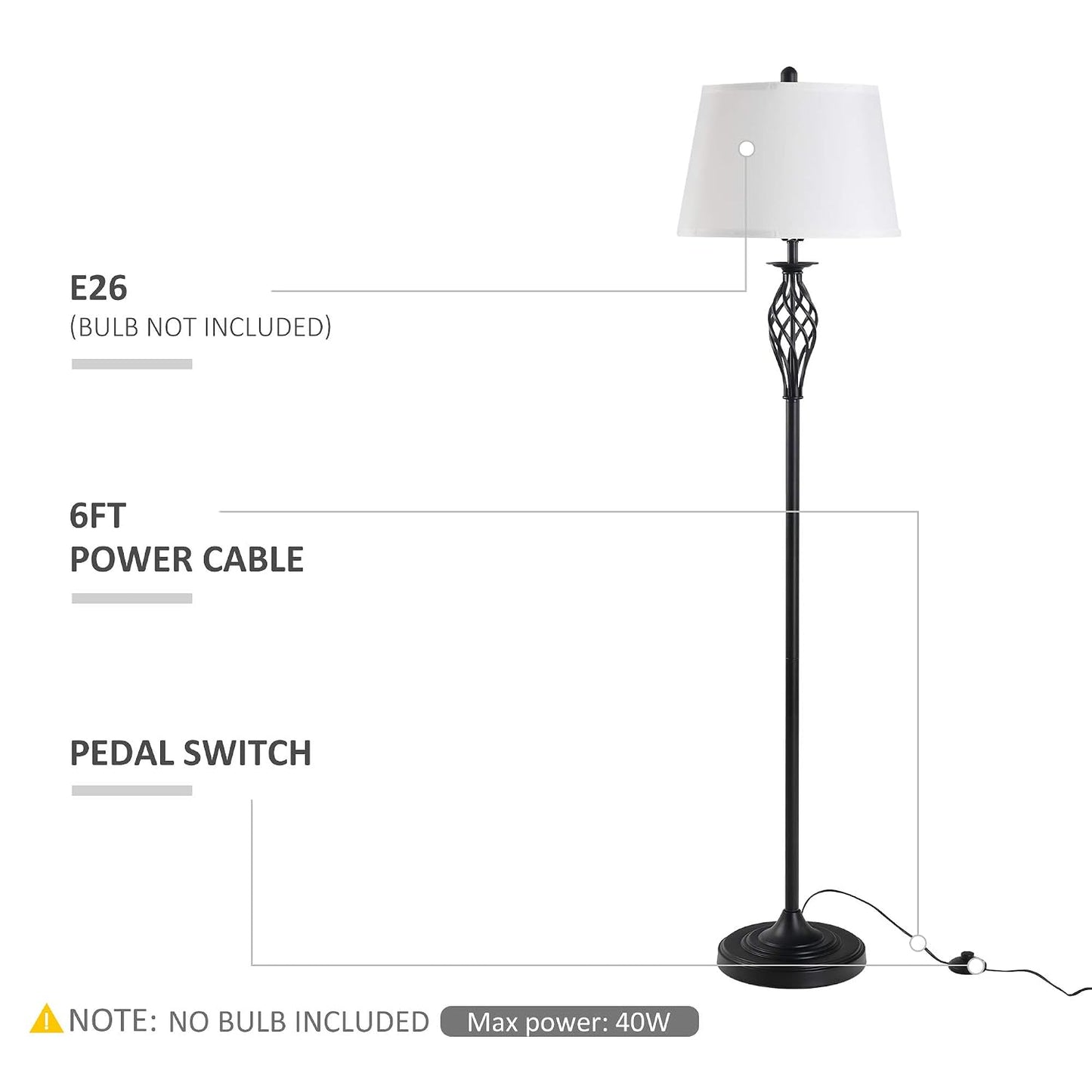 HOMCOM 3 Piece Table Floor Lamp Set with Metal Pole Round Base Black/White | Fabric Lampshade, for Living Room