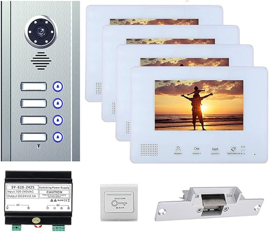 4 Apartment Bus 2 Wire Video Door Phone Intercom Systems 7 Inch Kit by LUSTAR