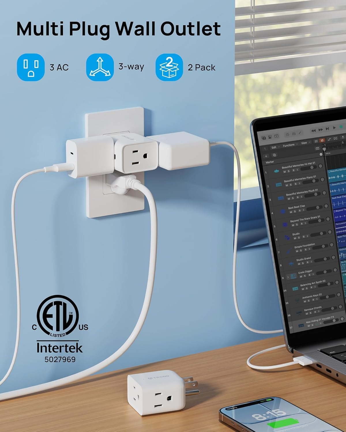 TROND Multi Plug Wall Outlet Extender 2 Pack, Small Outlet Splitter, White | ETL Listed 3 Way Plug Extender Fit Large Adapter, Multiple Wall Expander for Cruise Travel Home Kitchen Bathroom Tight Space