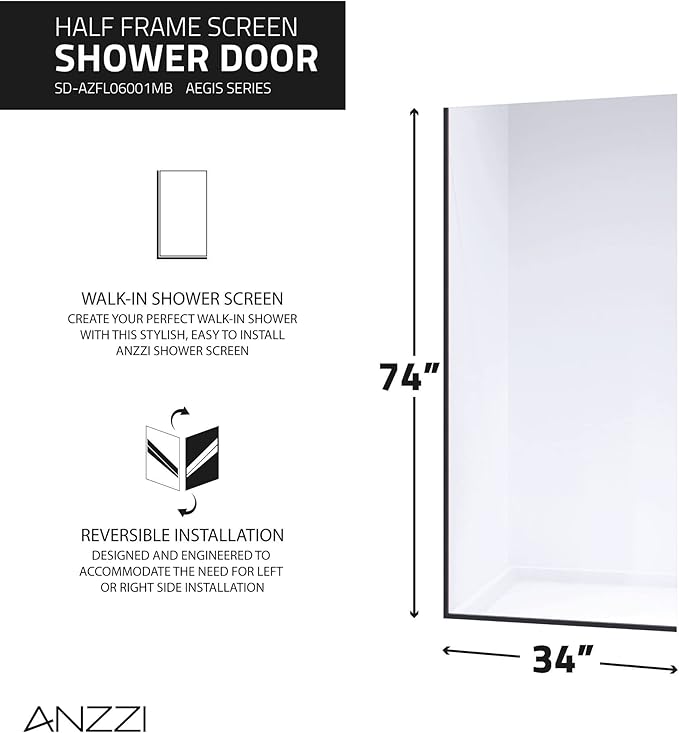 ANZZI 74 X 34 Inch Frameless Fixed Glass Shower Screen Shower Door in Matte - Image 3
