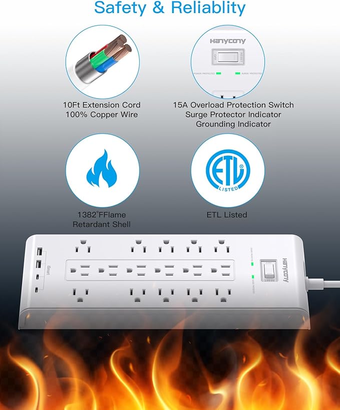 HANYCONY Surge Protector Power Strip 10 Ft, 16 Outlets 4 USB Ports, Flat Plug - Image 6