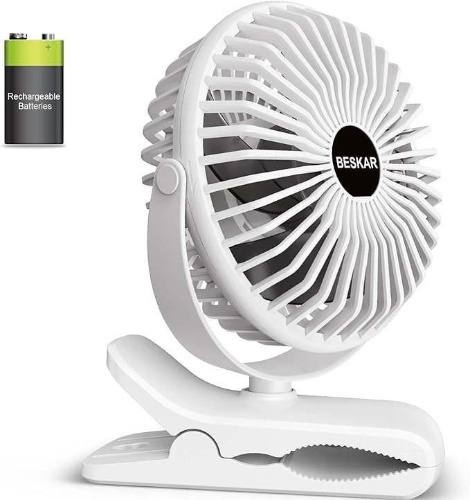 BESKAR Portable Clip on Fan Rechargeable, 4 Speeds Small Battery Operated Fans by BESKAR