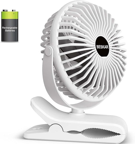BESKAR Portable Clip on Fan Rechargeable, 4 Speeds Small Battery Operated Fans by BESKAR