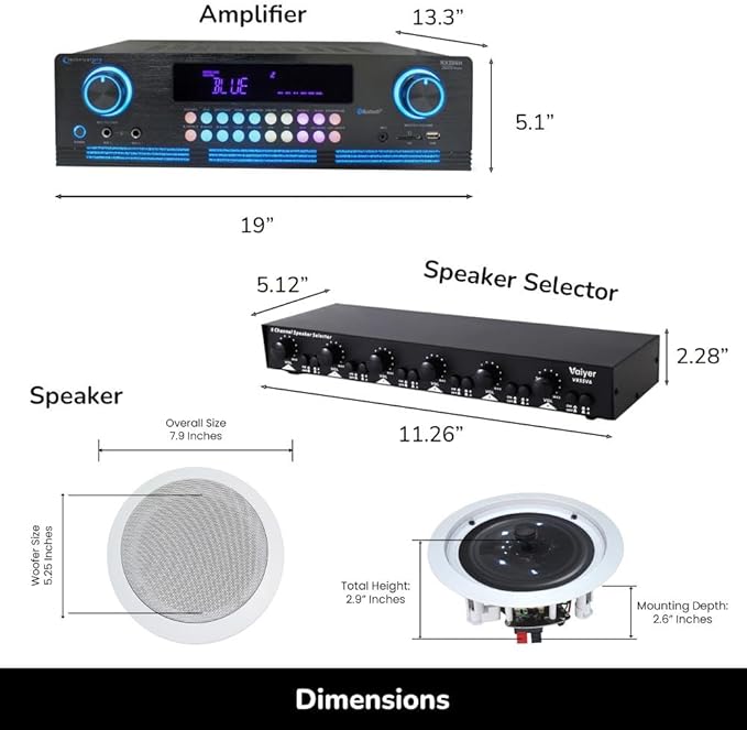Vaiyer Home Audio Sound System Kit - 2000 W Bluetooth Amplifier w/ 12 Qty of - Image 2
