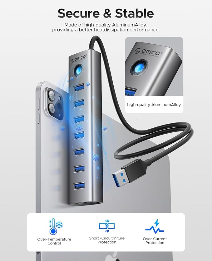 ORICO 7-Port USB 3.0 Hub, Aluminum USB Multiple Adapter, 5Gbps USB Extender USB - Image 7