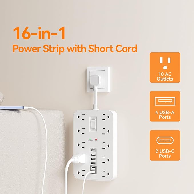 Short Extension Cord with USB and USBC Ports, Flat Outlet Extender with 10 AC - Image 3