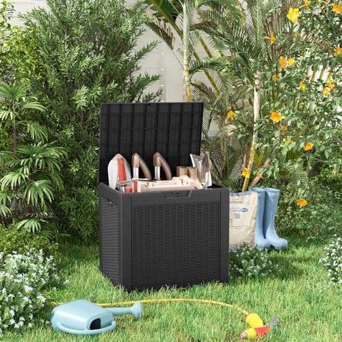 waterproof outdoor storage box, 31 gallon lockable deck on a desk or shelf