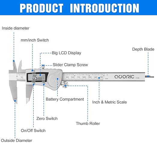 Digital Caliper, Adoric Caliper Measuring Tool 0-6" Stainless Steel Vernier - Image 7