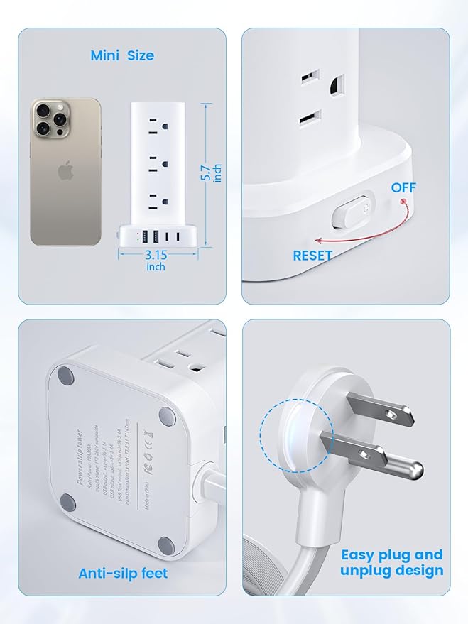 Tower Power Strips with Surge Protection, 6FT Flat Extension Cord with Multiple - Image 6