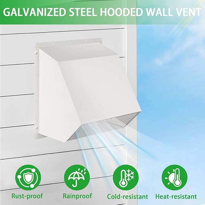 7Inch Hooded Wall Vent with Screen and Damper, Galvanized Steel Exhaust Vent - Image 6
