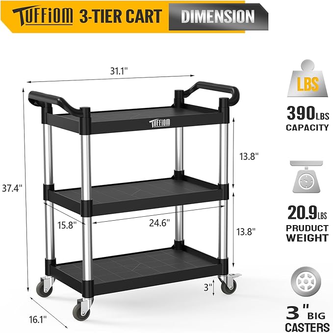 TUFFIOM 3-Tier Plastic Service Utility Cart - Image 7