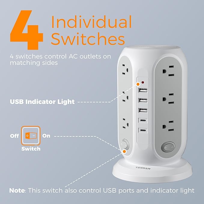 TESSAN Tower Power Strip with Individual Switches, Surge Protector with 12 - Image 5