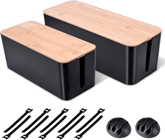 2 Pack Large Cable Management Box – Wooden Style Cord Organizer Box and Cover by Chouky