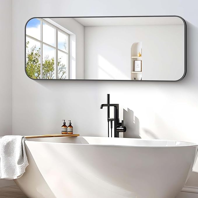 Bathroom Mirror, 60 x 24 inch Metal Framed Black Rectangle Mirror, Rounded - Image 5