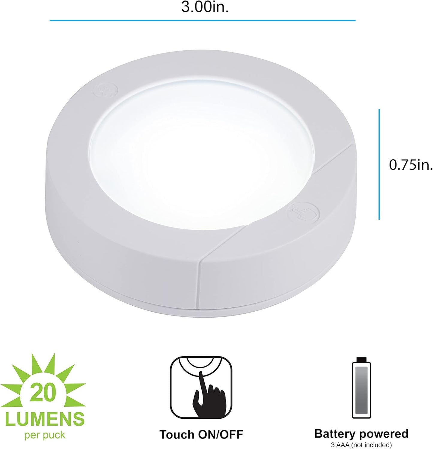 GE Under Cabinet LED Puck Lights Wireless Battery Operated, Touch Activated Stick On Lighting for Kitchen Closet Pantry Bookshelf Garage, Bright White 20 Lumen, 2 Pack, 25434