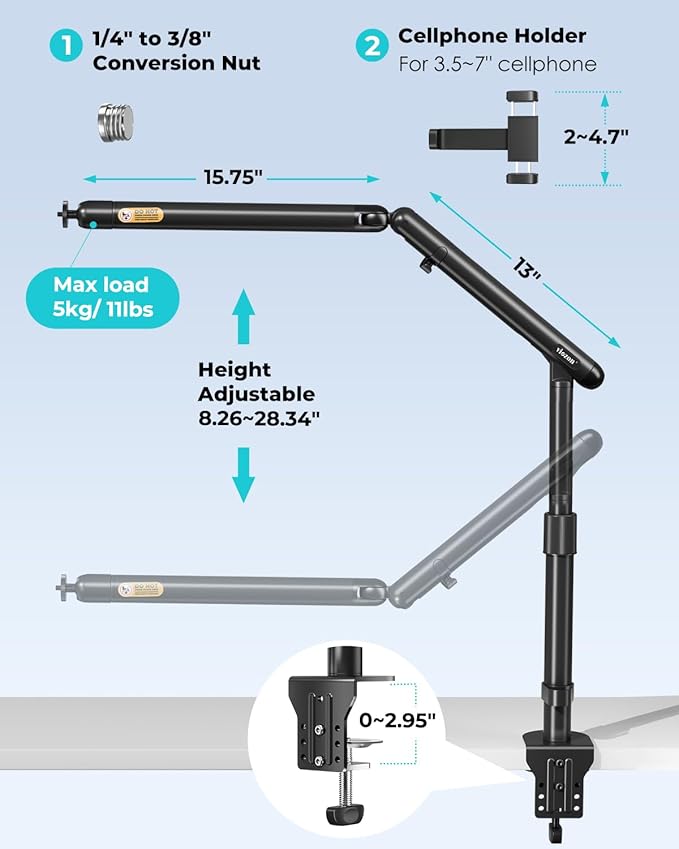 Viozon Overhead Camera Mount, Overhead Phone Stand, Flexible Aluminum Alloy - Image 3