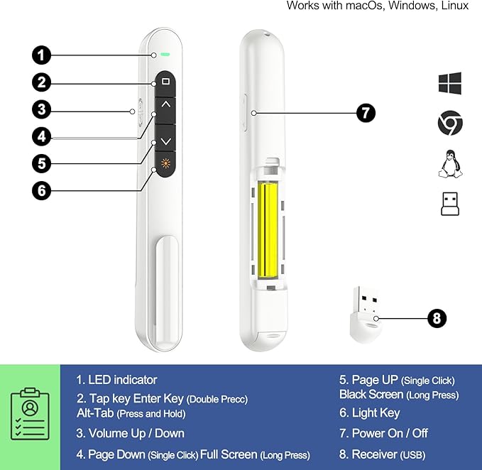 QUI Presentation Clicker for PowerPoint, RF 2.4GHz USB Wireless Presenter Remote - Image 3