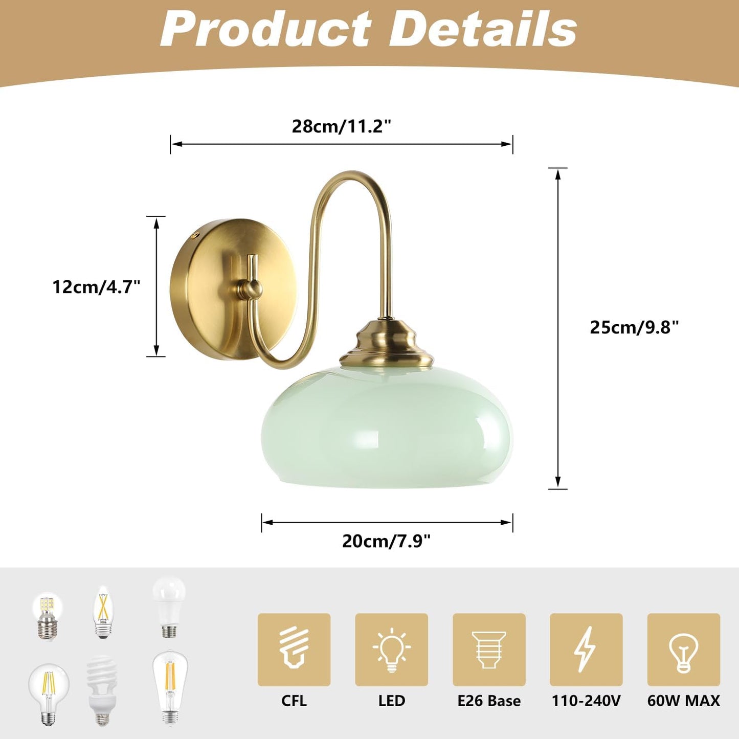KCO Mid Century Modern Mint Green Dome Glass Wall Sconce with Curved Arm | E26 Base Hardwired, Up/Down Mounted, Vintage Bathroom Vanity Light Fixture, Brass Gold Wall Lamp for Bedroom Hallway Entryway