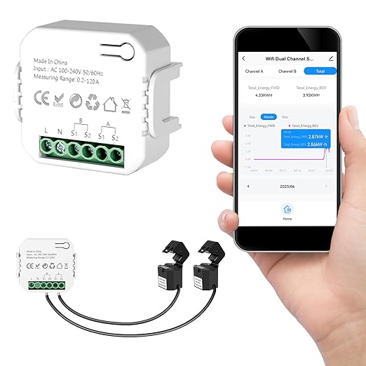 Smart Home Energy Monitor 2×120A, Dual-Channel Real-Time Electricity Usage by LyteSolar