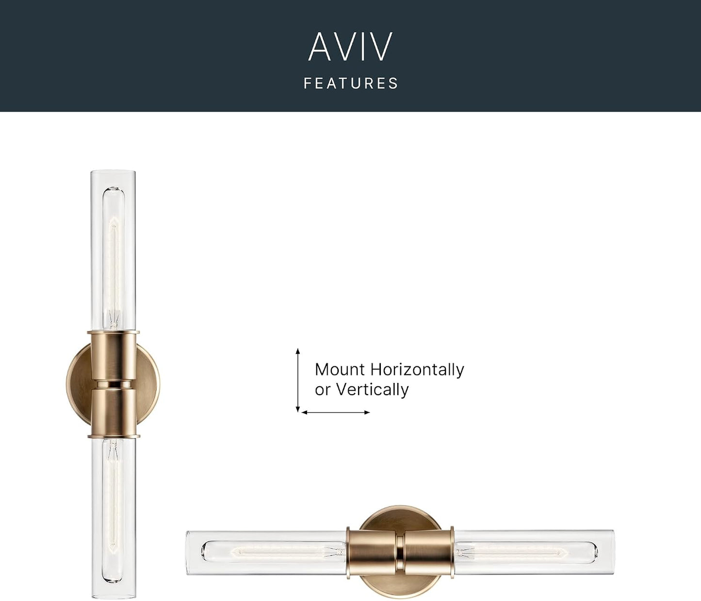 Kichler Aviv 24" 2-Light Wall Sconce Light, Champagne Bronze | Clear glass shades mount up or down and showcase bulb filaments in bedrooms, hallways, kitchens and laundry rooms, 52654CPZ