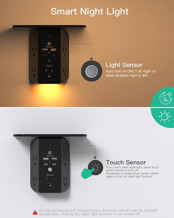 Wall Outlet Extender with Shelf and Night Light, Surge Protector, USB Wall - Image 3