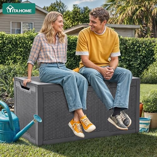 yitahome 100 gallon resin deck box shown in use