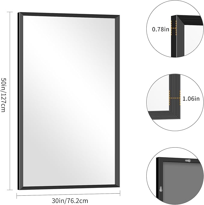 Black Bathroom Mirror 30 x 50 Inch Rectangle Wave Beveled - Image 5