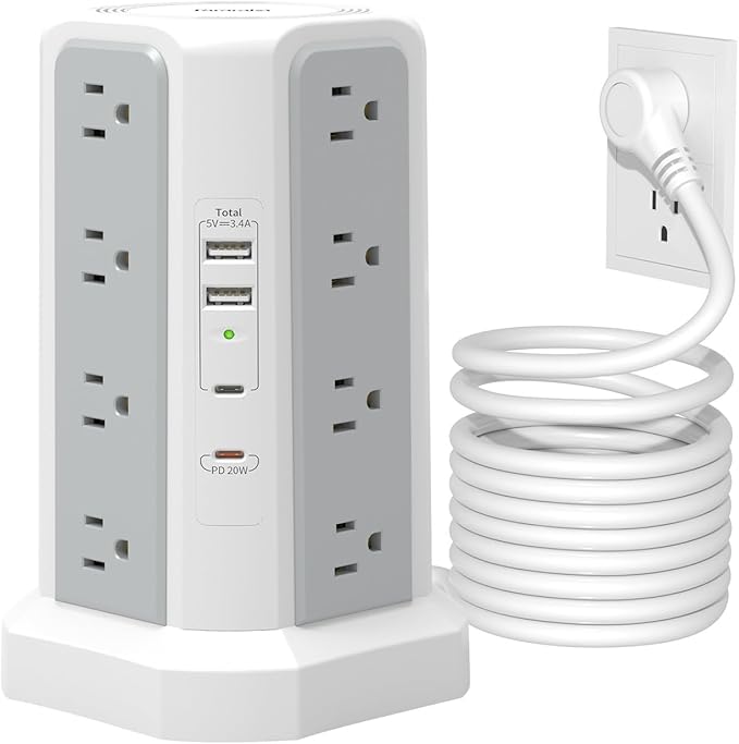 Surge Protector Power Strip Tower, 10FT Long Extension Cord by Fararaka