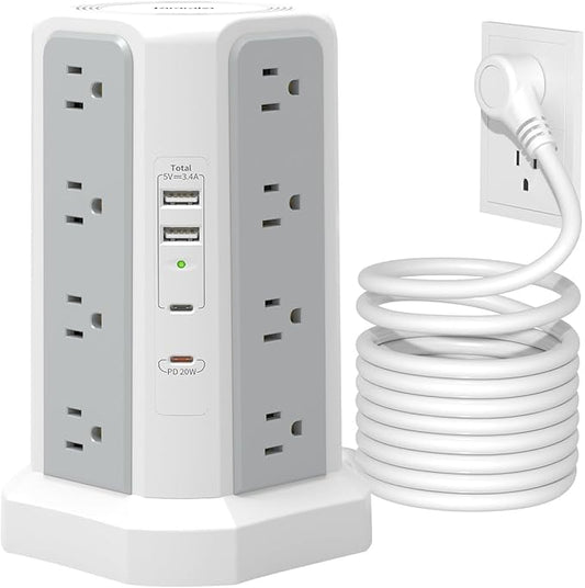 Surge Protector Power Strip Tower, 10FT Long Extension Cord by Fararaka