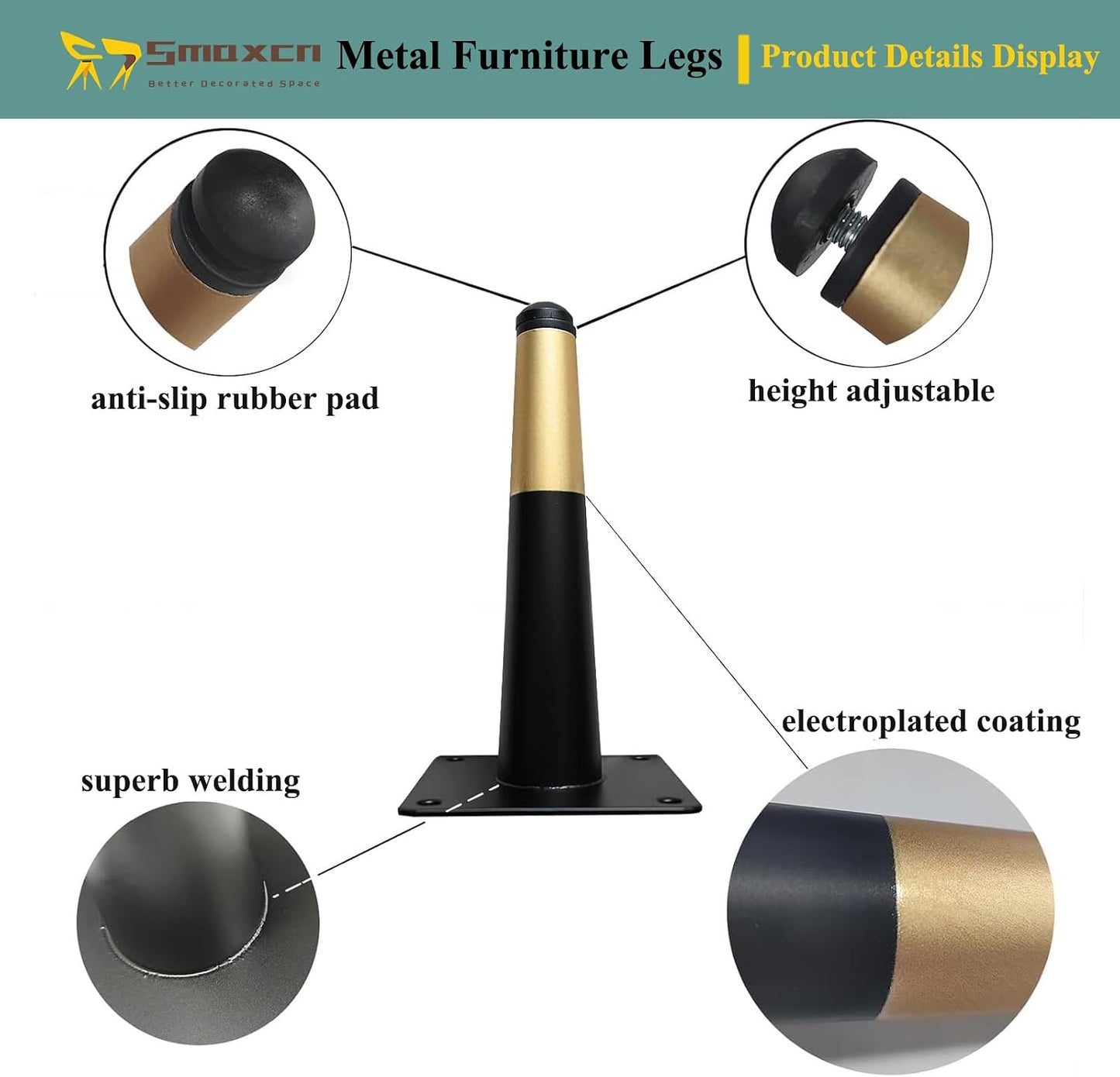 4pcs 9 7/8 inch (25cm) Black & Gold Metal Furniture with Level Feet | Straight Furniture Feet for TV Stand, Sofa, Dresser, Cabinet, Vanity