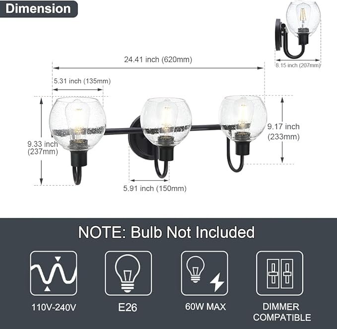 WINSHEN Modern 3-Lights Black Vanity Light Fixtures Farmhouse Metal Bathroom - Image 4