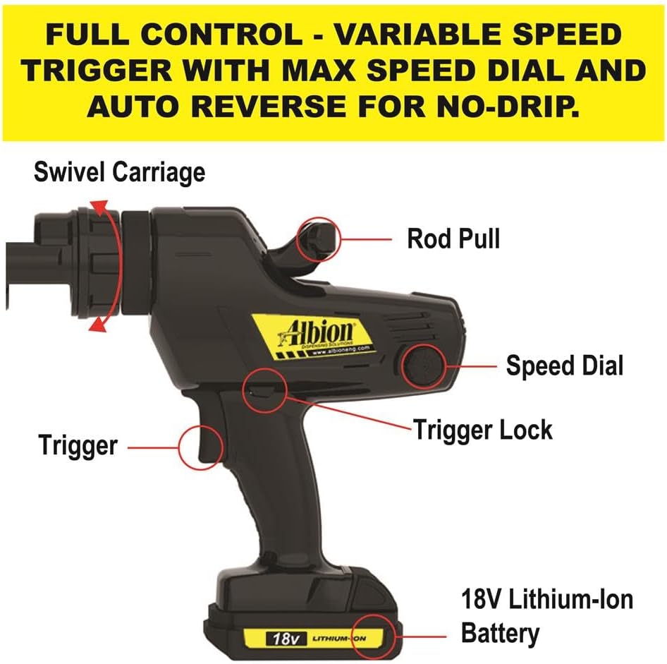 Albion Engineering 846-1E Cordless Cartridge Gun with Swivel Carriage, 18V, 1/10 Gallon | Swivel carriage, 1/10-gallon capacity
