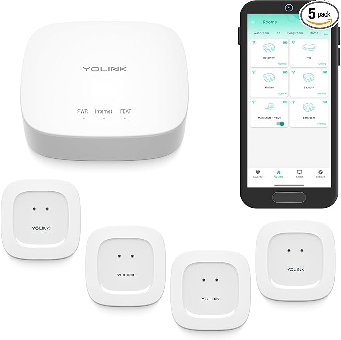 YoLink Water Leak Starter Kit: Hub + 4 Leak Sensor 1, LoRa Long-Range, by YoLink