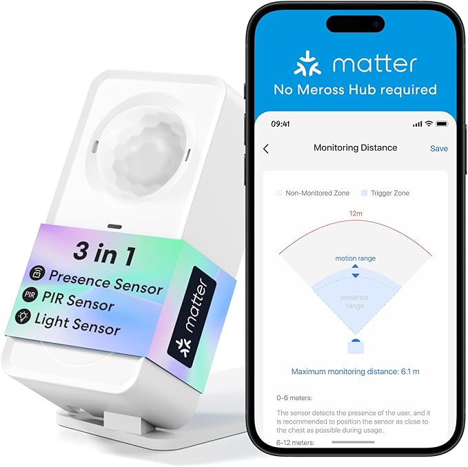 meross Matter Human Presence Sensor, 3-in-1 PIR & Light & mmWave Radar Motion by meross