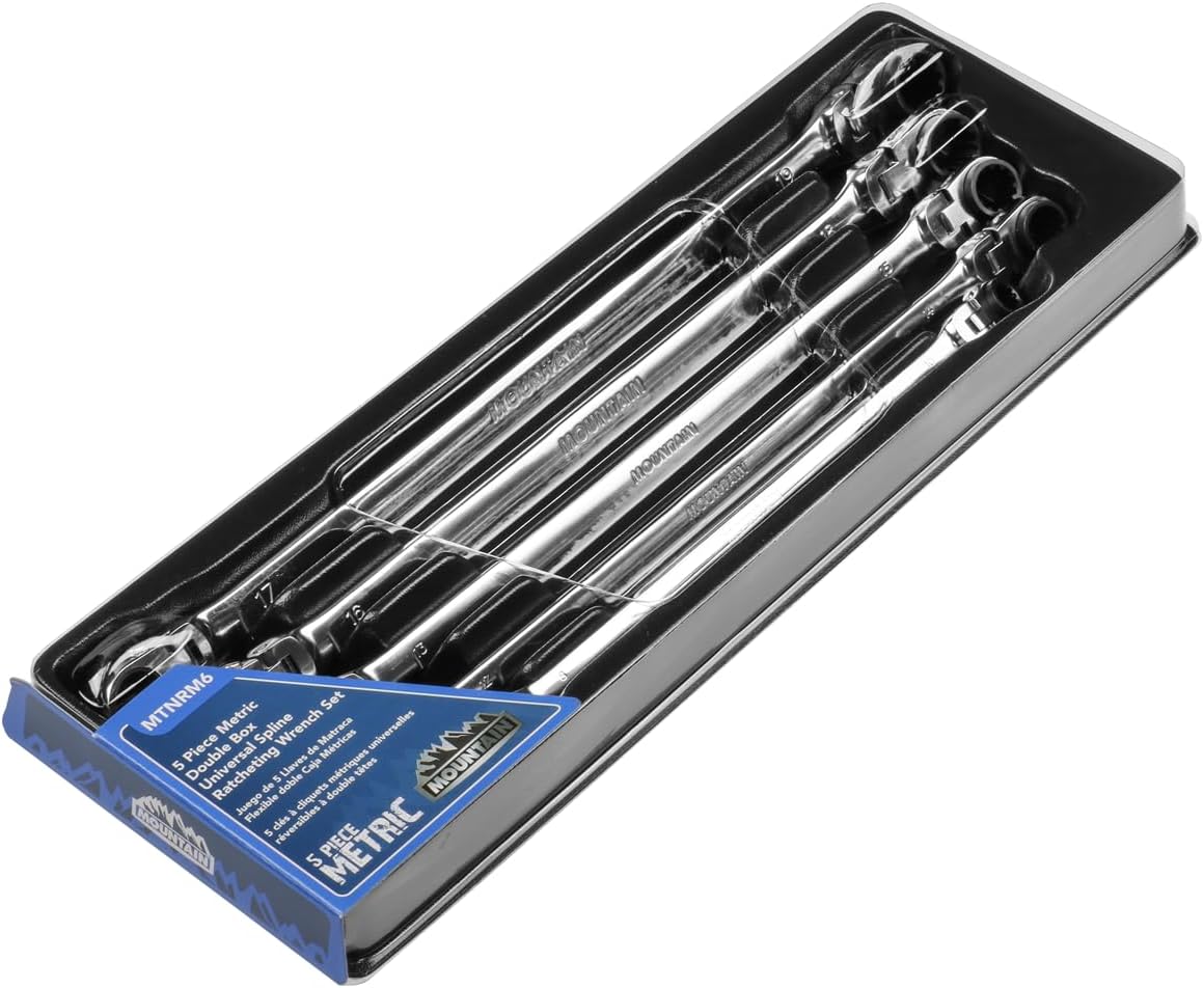 MOUNTAIN RM6, 5 Piece Metric Double Box Universal Spline Reversible Ratcheting Wrench Set, Extra Long Chrome Vanadium Steel, 90 Tooth, 4 Degree Swing Arc, Flexible Design for Hard to Reach Fasteners