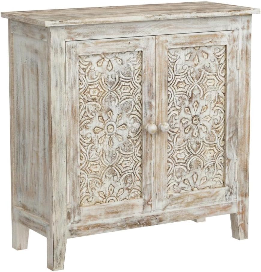 jofran global archive hand carved accent chest cabinet on a desk or shelf