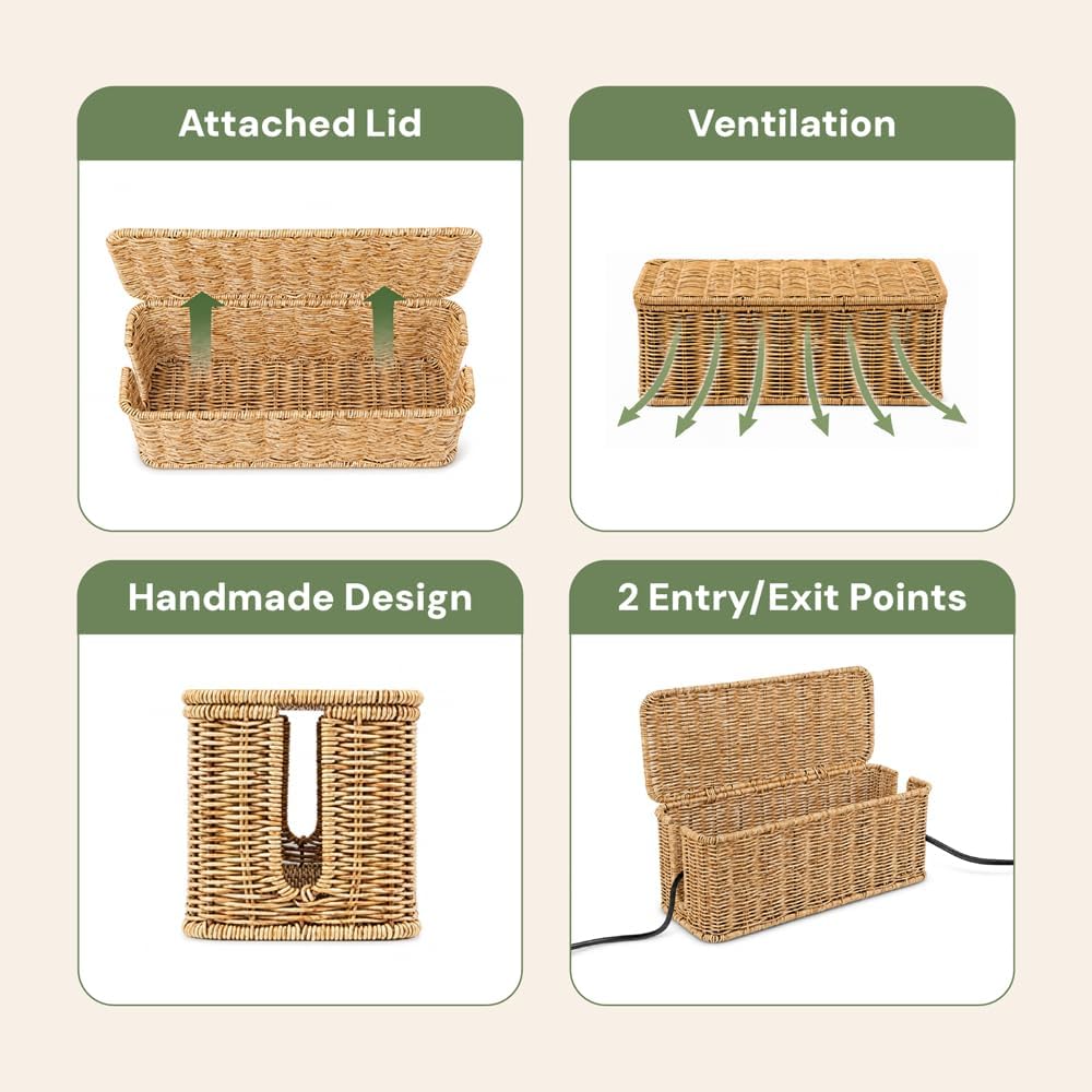 Cable Management Box, Handmade Rattan Cable Organizer with 2 Open Slots, Cord Hider for Power Strip, Router & USB Hub, Registered U.S. Design Patent (D1,112,102), 13" x 5.1" x 5.1", Natural