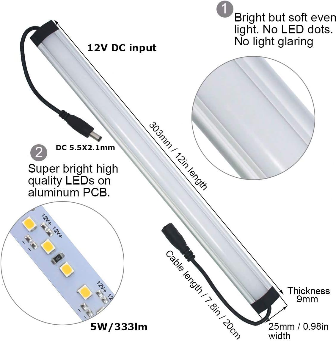 Extra Under Cabinet Lighting Bars,12VDC, 5000K Daylight White, with Mounting Clips, Screws, Self-Adhesive Pads. Compatible LL-008 Series ONLY-[2-Pack-5000K]