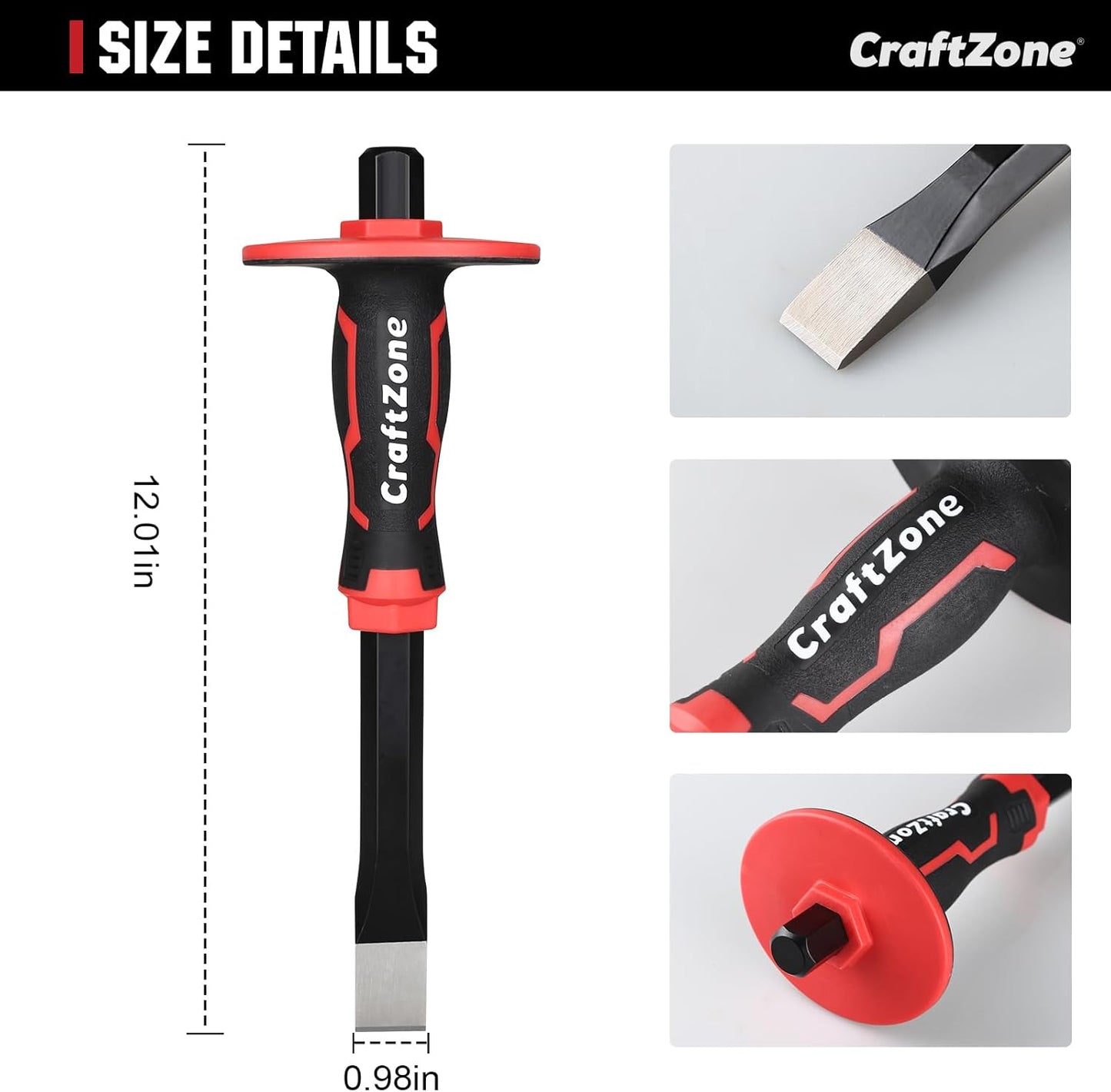 Masonry Chisel, Heavy Duty Flat End Rock Concrete Mortar Stone Brick Chisel with Protective Hand Guard for Breaking Carving Splitting Cutting Mason Tools (12-Inch)