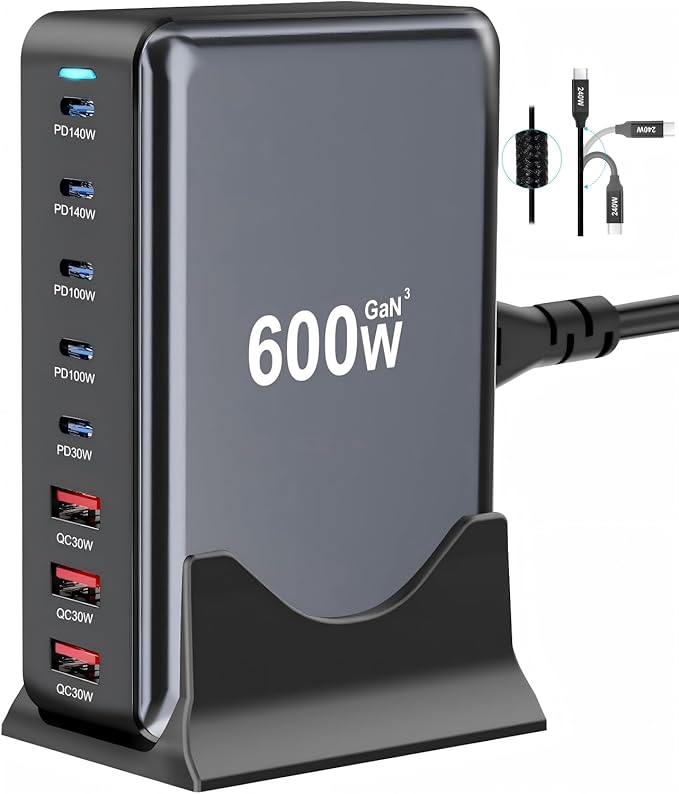 600W Fast USB C GaN Ⅲ Pro Charger Block, 8 Port Charging Station, Dual 140W by LMSEP