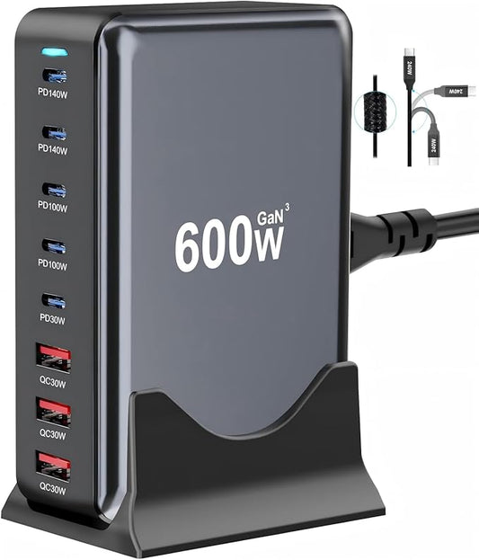 600W Fast USB C GaN Ⅲ Pro Charger Block, 8 Port Charging Station, Dual 140W by LMSEP